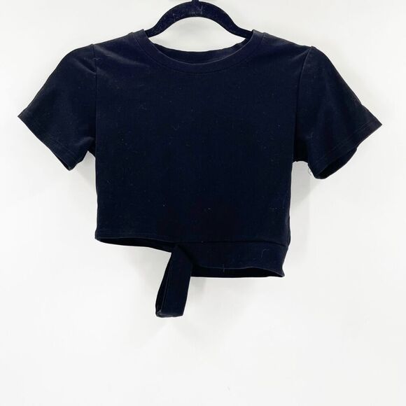 Shein Womens Crop Top Size M Black Cut Out Hem Crew Neck Short Sleeve - Picture 1 of 5